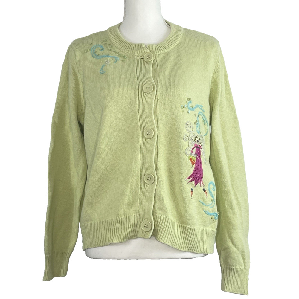 Vtg Susan Bristol sweater/carnigan XL Lime Fairycore embroidery, sequins beads